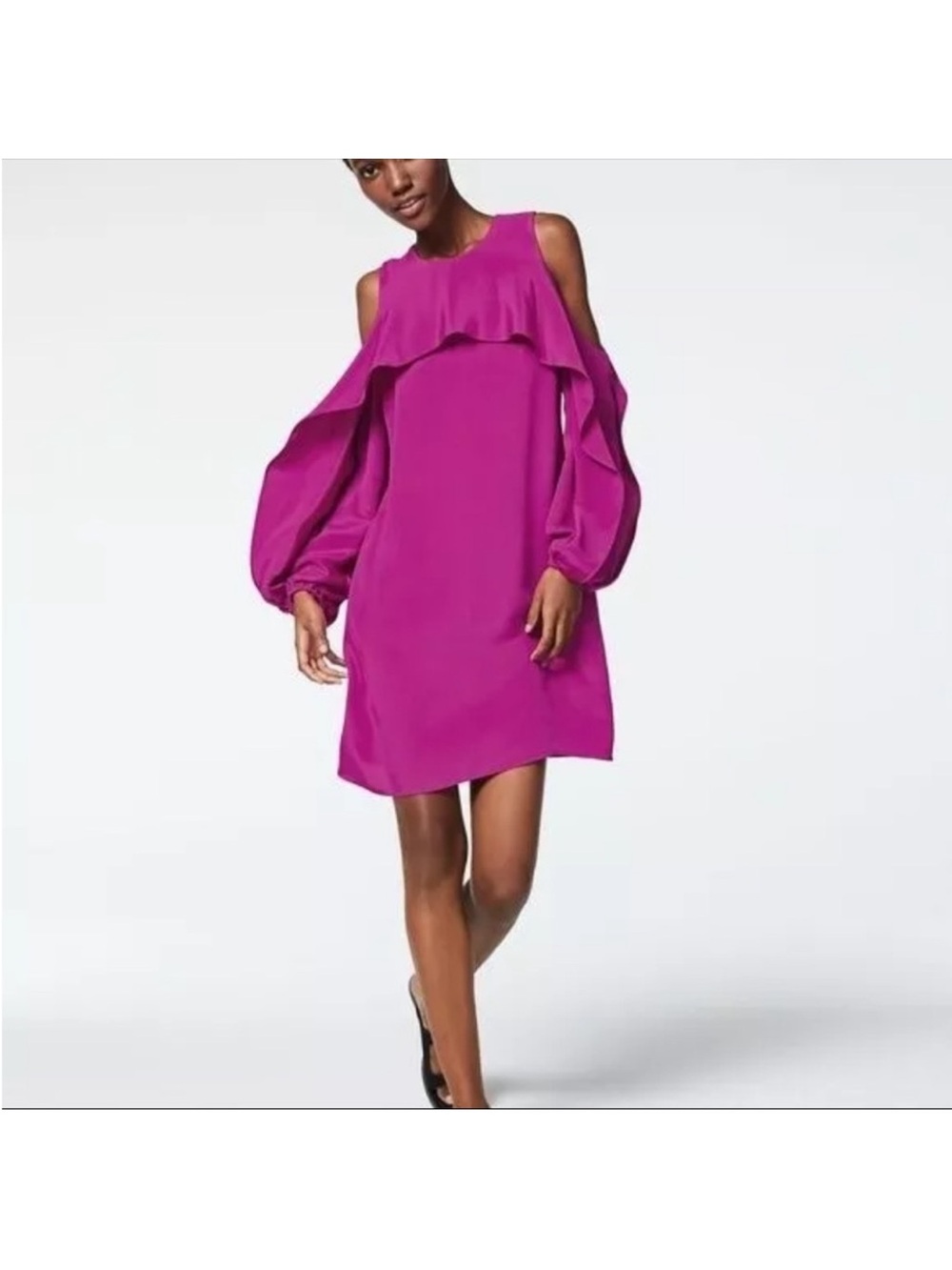 NWT Kobi Halperin 100% Silk Pink Cold-Shoulder Ruffle Long-Sleeve Dress Size L